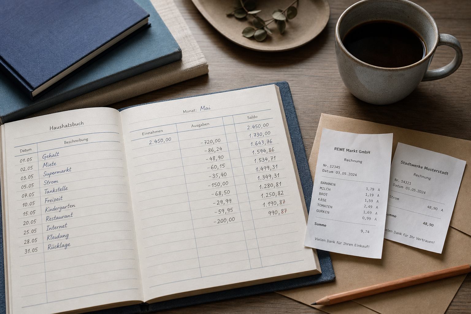 Schreibtisch mit Kassenbuch, Quittungen, Stift und Kaffee